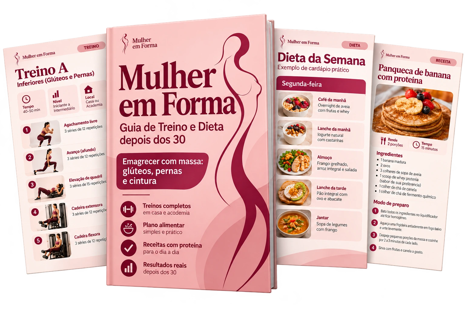 Mockup do guia Mulher em Forma, com capa e páginas internas de treino, dieta e receitas